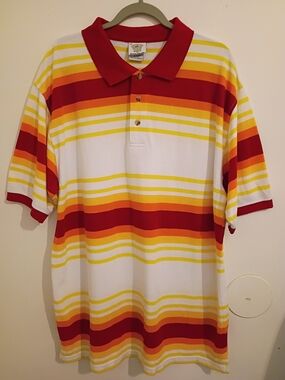 Men's Multi-Stripe Polo Shirt in Red, Orange & Yellow Sz XXL